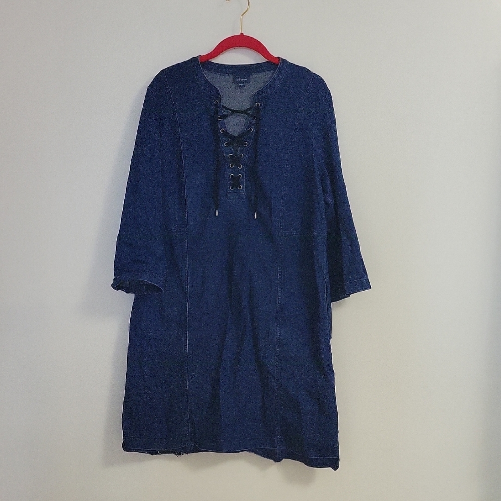 J. Jill Demim Dress With Gromet  Lace-up Neck Size Large EUC